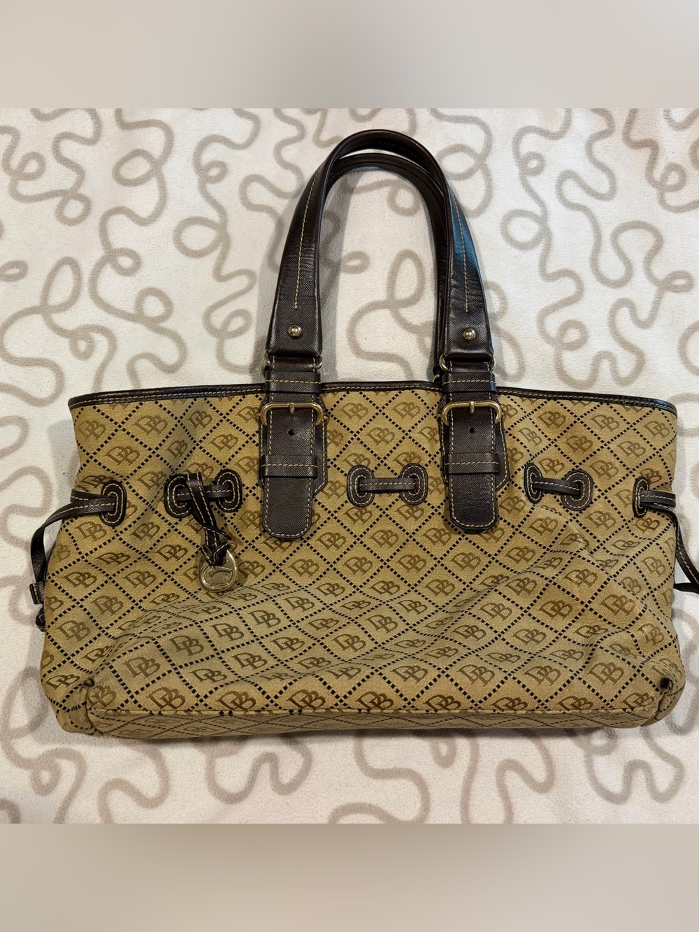 Dooney & Bourke Vintage Tan Patterned Tote with Dark Brown Trim